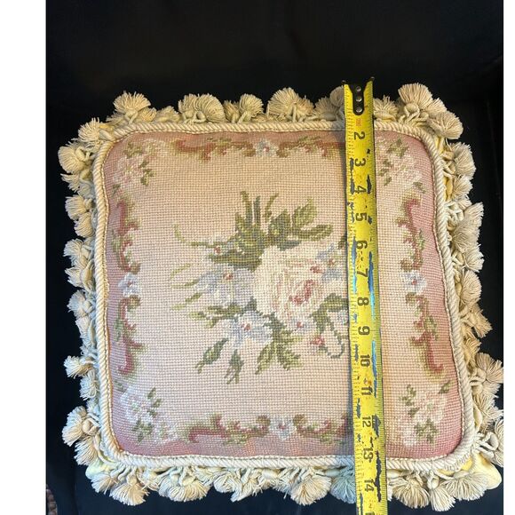 Vintage Needlepoint Pillow | Hand Embroidered Wool Floral Cushion - Picture 5 of 6